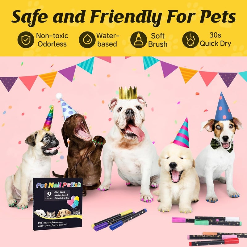 Cherocito Dog Nail Polish Pens Quick Dry,9 Colors Safe Dog Nail Polish Set to DIY Pretty Nails, Ideal Gifts for Dogs Cats Light Dark Nails, Odorless, Non-Toxic, Water-Based Pet Nail Accessories Set - Image 3